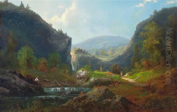 Fishing At The Falls In Carolina Oil Painting by William Charles Anthony Frerichs