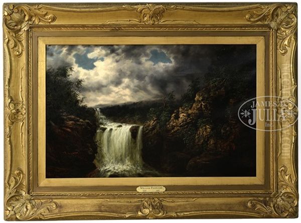 Cascading Falls Under Stormy Skies (possibly Falls Of Tamahaka, Cherokee County, Nc) Oil Painting by William Charles Anthony Frerichs