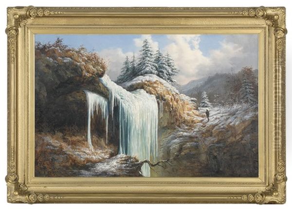 A Hunter Near A Frozen Waterfall Oil Painting by William Charles Anthony Frerichs