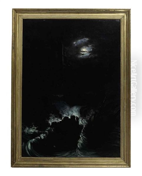 A Shipwreck By A Ruin Under The Moonlight Oil Painting by William Charles Anthony Frerichs