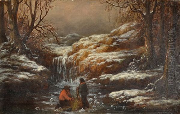 Ice Fishing In The Passaic River Oil Painting by William Charles Anthony Frerichs