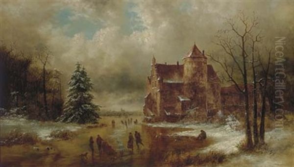 Skaters By A Castle Oil Painting by William Charles Anthony Frerichs