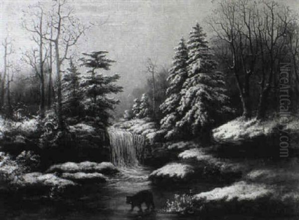 Bear Traversing A Waterfall Oil Painting by William Charles Anthony Frerichs