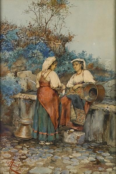 Two Maidens At A Fountain Oil Painting by Giuseppe Aureli