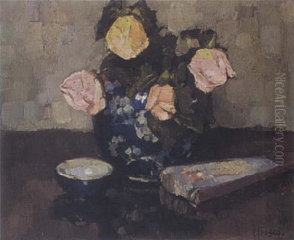 Roses In A Ginger Jar And A Fan Oil Painting by Abraham Fresco