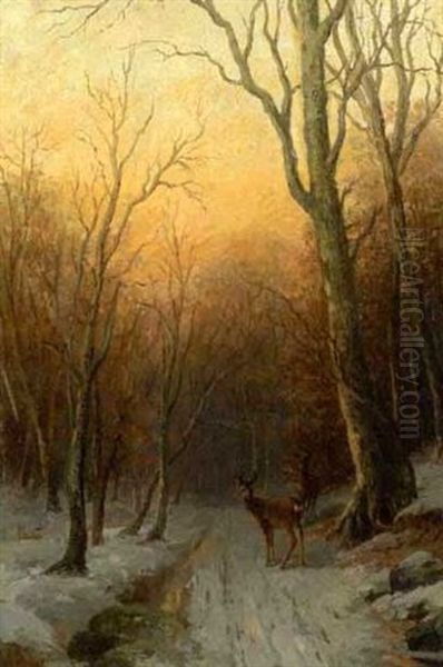 Abendstimmung Uber Winterlichem Waldweg Mit Rehwald Oil Painting by Richard Fresenius