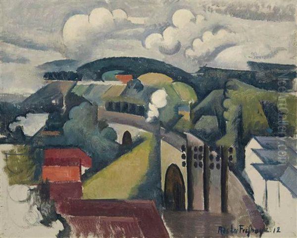 Paysage De Meulan Ou Le Viaduc De Meulan, Premiere Version Oil Painting by Roger de La Fresnaye