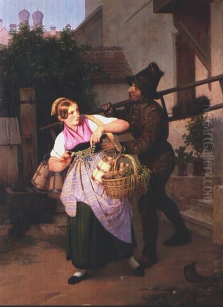 Der Schornsteinfeger Und Die Magd In Munchen, Im Hintergrund Die Frauenkirche by Eduard Freudenberg