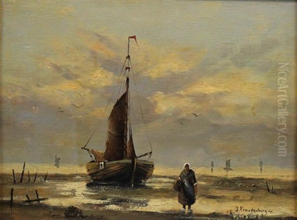 Coastal Scene With Fishing Boat Oil Painting by Jacobus Freudenberg