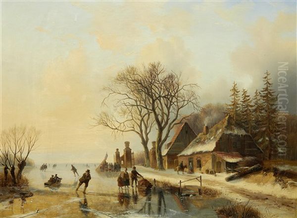 Skaters On A Frozen Lake Oil Painting by Jacobus Freudenberg