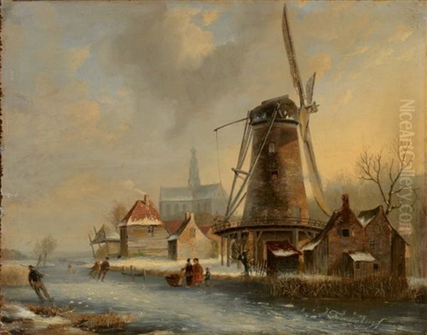 Eisvergnugen Mit Zahlreichen Personen Auf Zugefrorenem Kanal Vor Stadtchen Mit Kirche Und Windmuhle Oil Painting by Jacobus Freudenberg