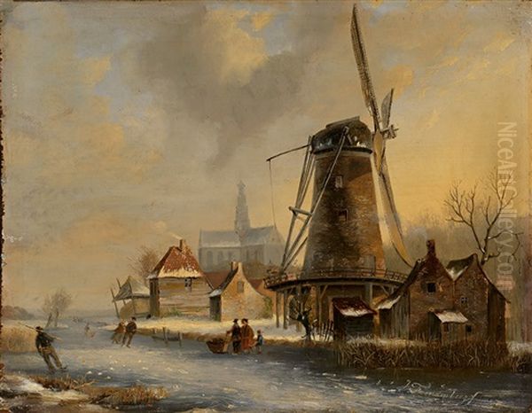 Eisvergnugen Mit Zahlreichen Personen Auf Zugefrorenem Kanal Vor Stadtchen Mit Kirche Und Windmuhle Oil Painting by Jacobus Freudenberg