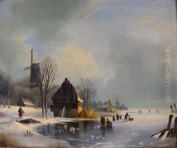 View Of A Dutch River In Winter Oil Painting by Jacobus Freudenberg