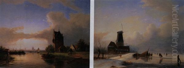 Hollandische Sommerlandschaft (+ Hollandische Winterlandschaft, Signed; Pair) Oil Painting by Jacobus Freudenberg