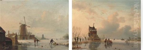 Skaters On A Dutch Waterway By A Windmill (+ Skaters By A Riverside Cottage; Pair) Oil Painting by Jacobus Freudenberg