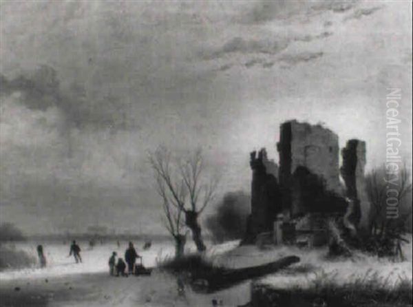 Winterlandschap Met Schaatsers In De Nabijheid Van Haarlem Oil Painting by Jacobus Freudenberg