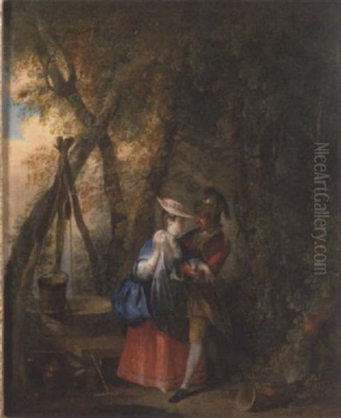 A Gentleman Courting A Lady By A Well In A Wooded Landscape Oil Painting by Sigmund Freudenberger