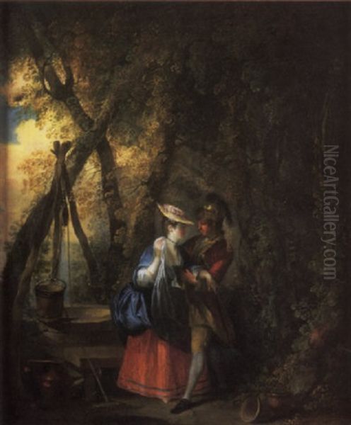 A Gentleman Courting A Lady By A Well In A Wooded Landscape Oil Painting by Sigmund Freudenberger