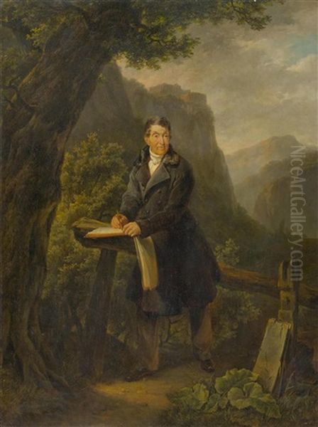 Portrait Of A Draughtsman In A Mountain Landscape Oil Painting by Heinrich Freudweiler