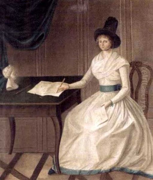 Portrait Of A Young Lady Wearing A White Musling Dress, Seated In An Interior At A Writing Desk Oil Painting by Heinrich Freudweiler