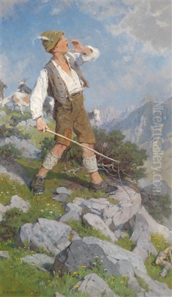 Ziegenhirte Auf Der Alm Oil Painting by Fritz Freund