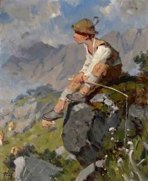 Hutebub, Auf Einem Felsen Sitzend Oil Painting by Fritz Freund