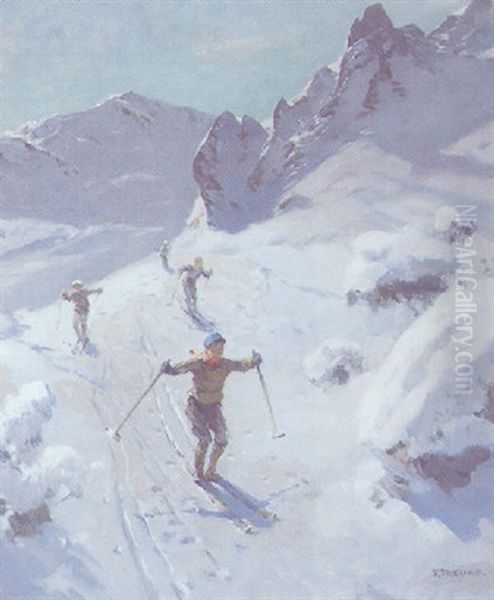 Vier Skifahrer Im Hochgebirge Oil Painting by Fritz Freund