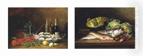 Lobster With Champagne And Oysters On A Ledge (+ Fish With Cabbages On A Ledge; Pair) Oil Painting by Eugene H. Frey