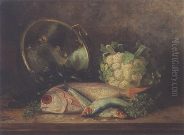 Nature Morte A La Bassine De Cuivre, Chou-fleur Et Poissons Oil Painting by Eugene H. Frey