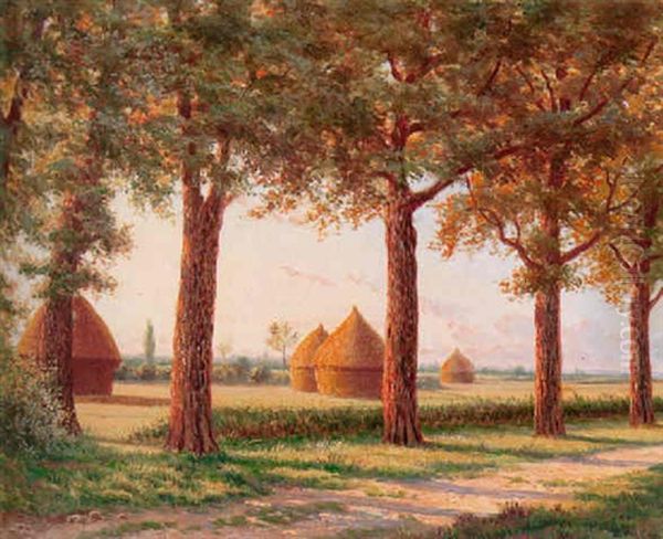 A Tree Lined Road With Haystacks In The Background Oil Painting by Eugene H. Frey