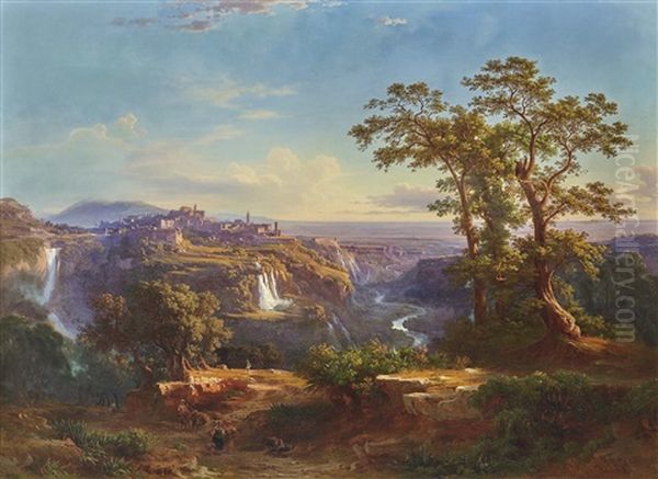 View Of Tivoli And The Waterfalls Oil Painting by Johann Jakob Frey