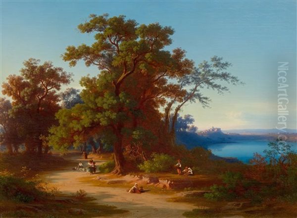 Broad Landscape In The Alban Hills Near Rome, With Castel Gandolfo In The Background Oil Painting by Johann Jakob Frey