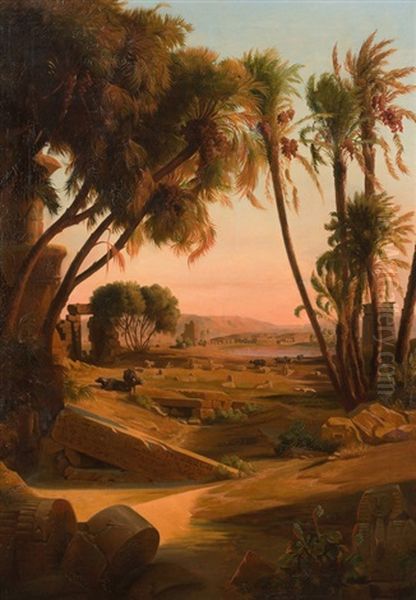 Die Ruinen Von Karnak Oil Painting by Johann Jakob Frey