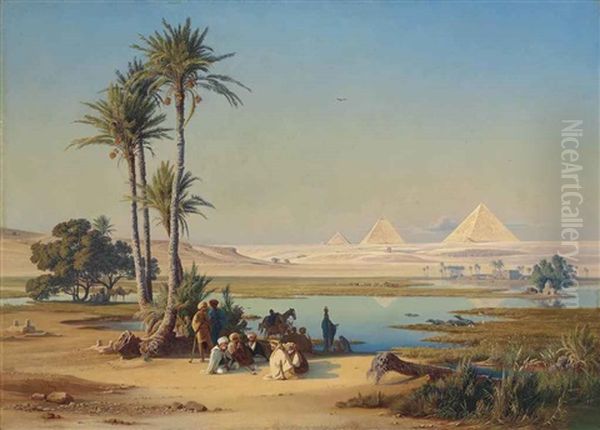 The Flood Plain Of The Nile, Pyramids Beyond Oil Painting by Johann Jakob Frey