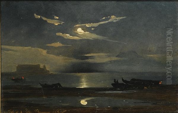 The Bay Of Naples By Moonlight, With The Castel Dell'ovo Beyond by Johann Jakob Frey