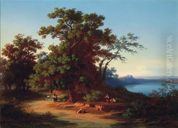 Herders On A Track At Dusk, Castelgandolfo Beyond Oil Painting by Johann Jakob Frey