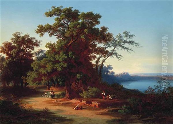 Herders On A Track At Dusk, Castelgandolfo Beyond Oil Painting by Johann Jakob Frey