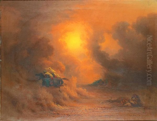 Sandstorm Vid Gize - Ridande Beduiner Oil Painting by Johann Jakob Frey