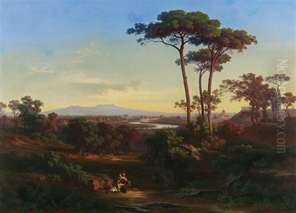 Rom: Blick Von Osten Auf Den Flusverlauf Des Tiber Und Die Stadt Von Der Ebene Hergesehen Oil Painting by Johann Jakob Frey