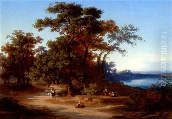 Parti Fra Albanerbjergene Med Udsigt Mod Pavens Sommerpalads Castelgandolfo, I Forgrunden Intalienerinder Oil Painting by Johann Jakob Frey