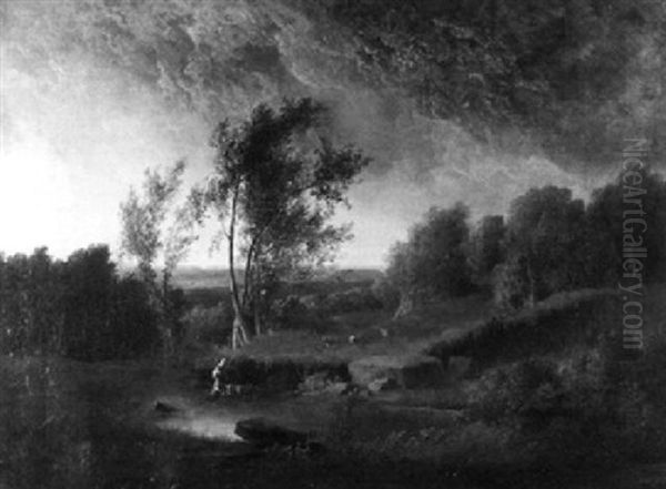 Schafherde Am Weiher Bei Aufziehendem Gewitter Oil Painting by Johann Jakob Frey