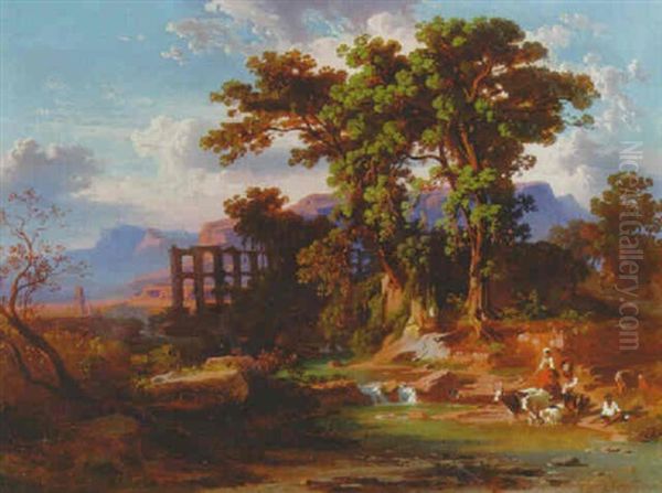 Peasants In An Italianate Landscape Oil Painting by Johann Jakob Frey