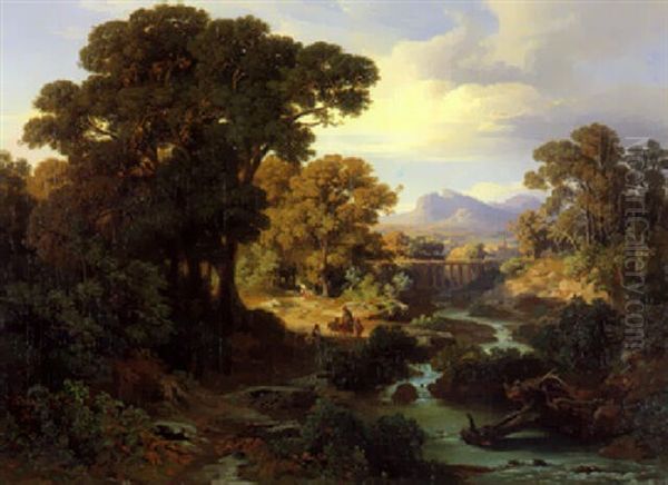 Italienische Landschaft Mit Viadukt Und Personen Auf Einem Weg Oil Painting by Johann Jakob Frey