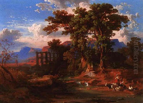 Peasants In An Italianate Landscape Oil Painting by Johann Jakob Frey