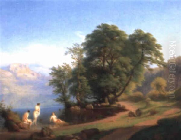 Sudliche Landschaft Mit Badenden Am Ufer Eines Sees Oil Painting by Johann Jakob Frey