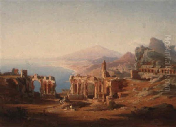 A View Of Taormina, Sicily Oil Painting by Johann Jakob Frey