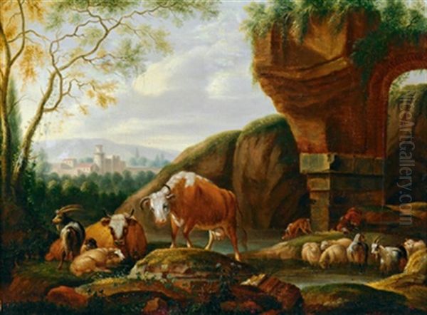 Eine Herde Vor Antiken Ruinen Oil Painting by Johann Michael Frey