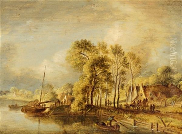 Flusslandschaft Mit Fischerbooten Und Reisenden Oil Painting by Johann Michael Frey