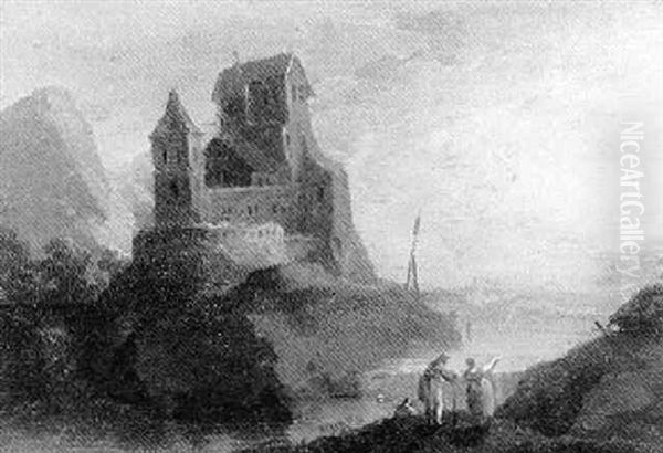 Blick Auf Eine Machtige Burg Am Flus Oil Painting by Johann Michael Frey