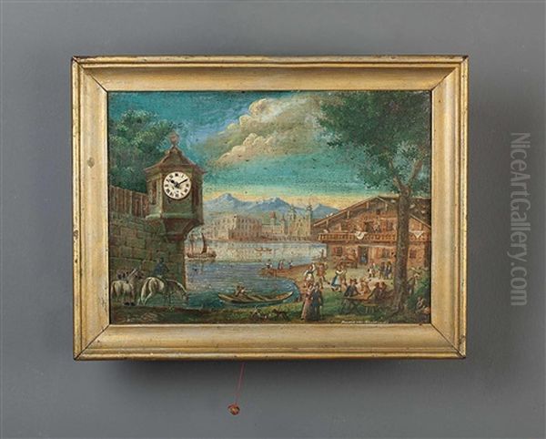 Flusslandschaft Mit Gehoft Und Tanzenden Bauern, Sowie Stadtplatz Mit Kirche Und Militarparade Vor Gebirgskulisse Oil Painting by Josef Gabriel Frey